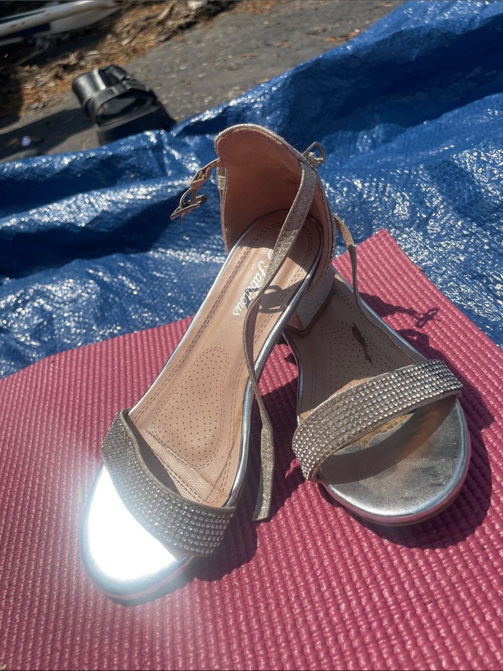 Girl’s low Sparkling Silver Ankle buckle heels Size 12